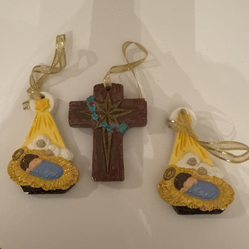 Homemade Ceramic Christmas Ornaments Set of 3 Nativity Baby Jesus Cross
